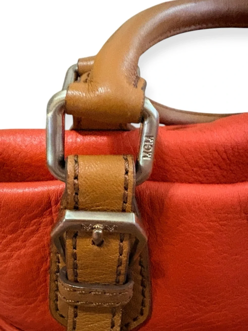 MCM Orange Embossed Leather Convertible Two-Way Handbag Shoulder Bag